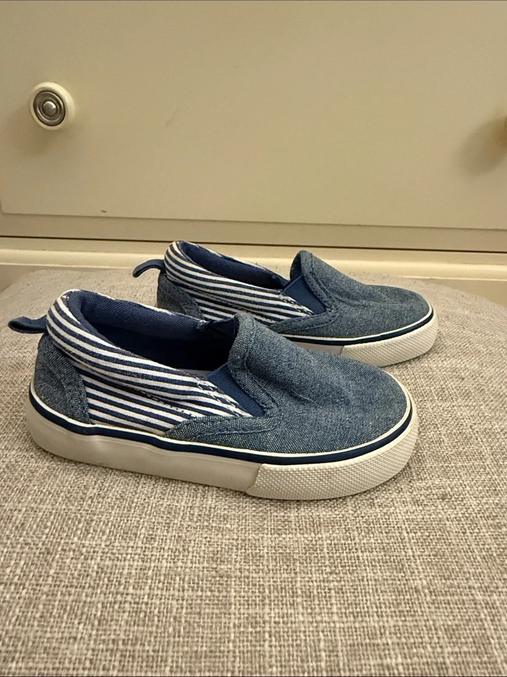 GAP Kids Denim Blue Slip-On Sneakers with Navy Striped Heel